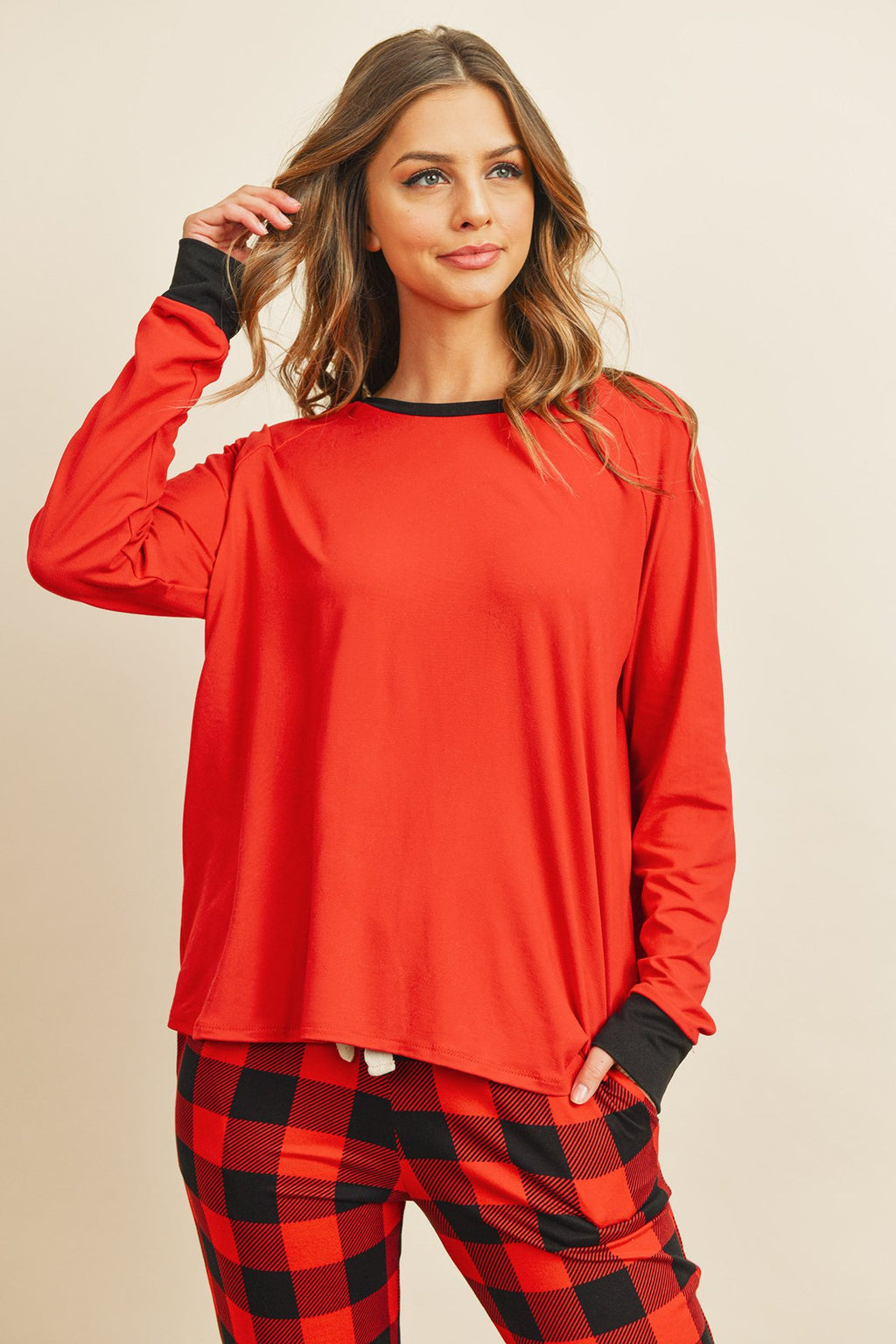 Solid Top and Plaid Joggers Set with Self Tie