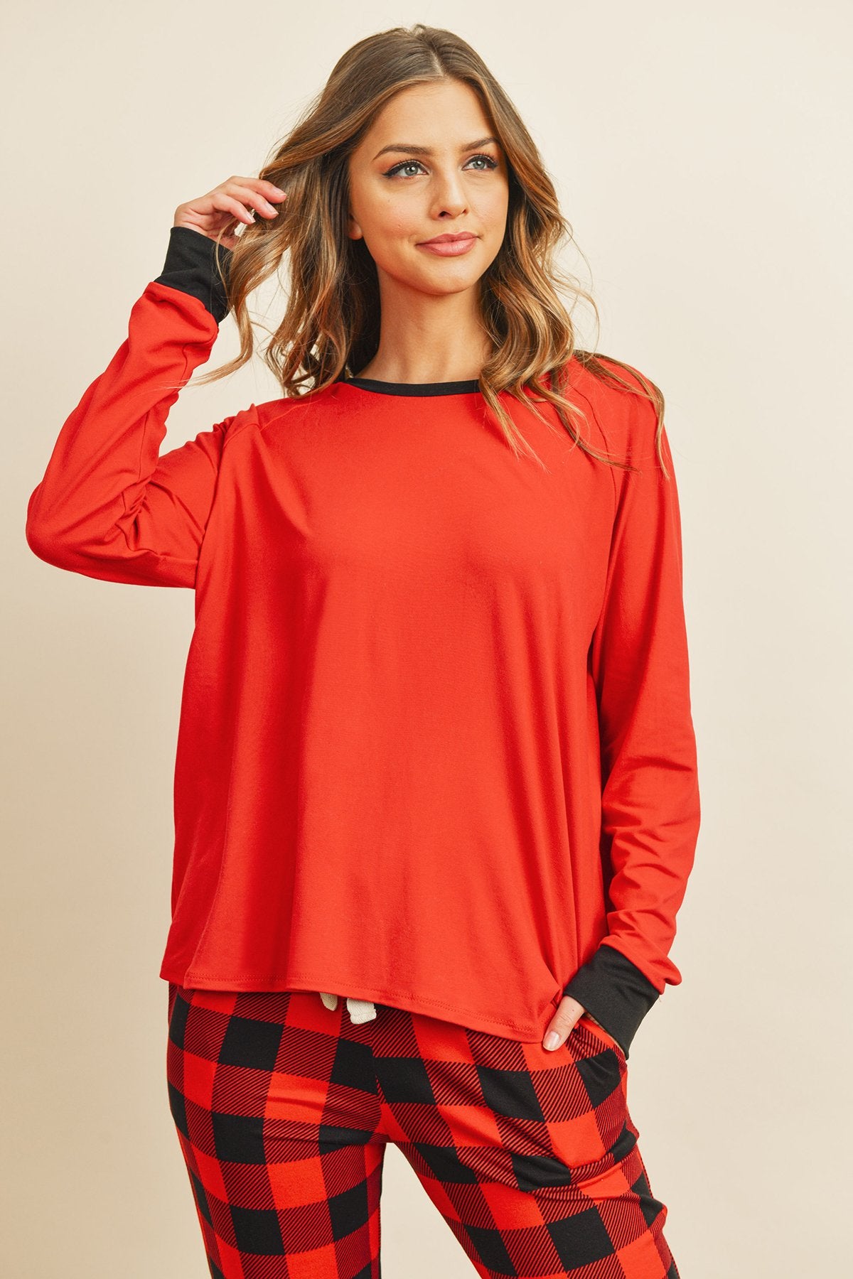 Solid Top and Plaid Joggers Set with Self Tie