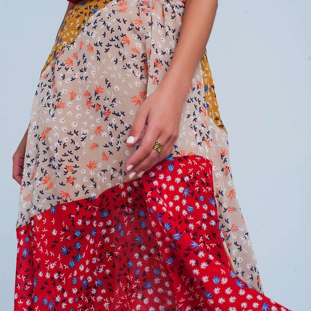 Red Floral Meadow Bias Cut Midi Skirt