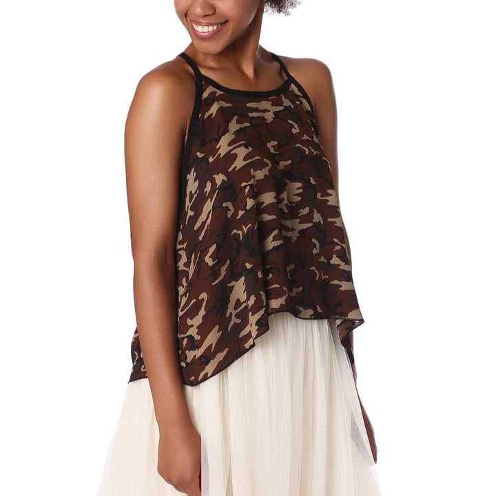 Brown Camo Print Dip Hem Top