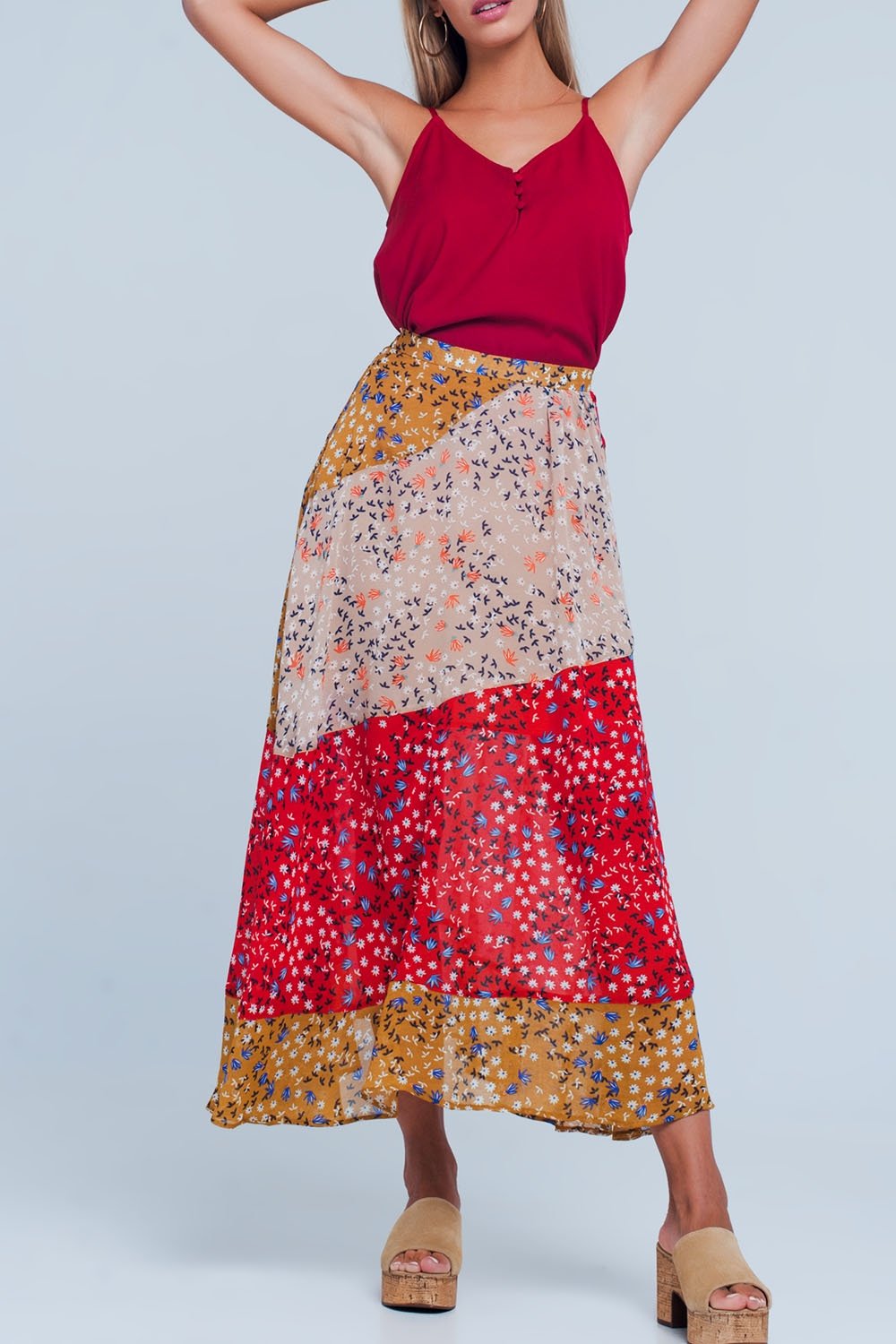 Red Floral Meadow Bias Cut Midi Skirt