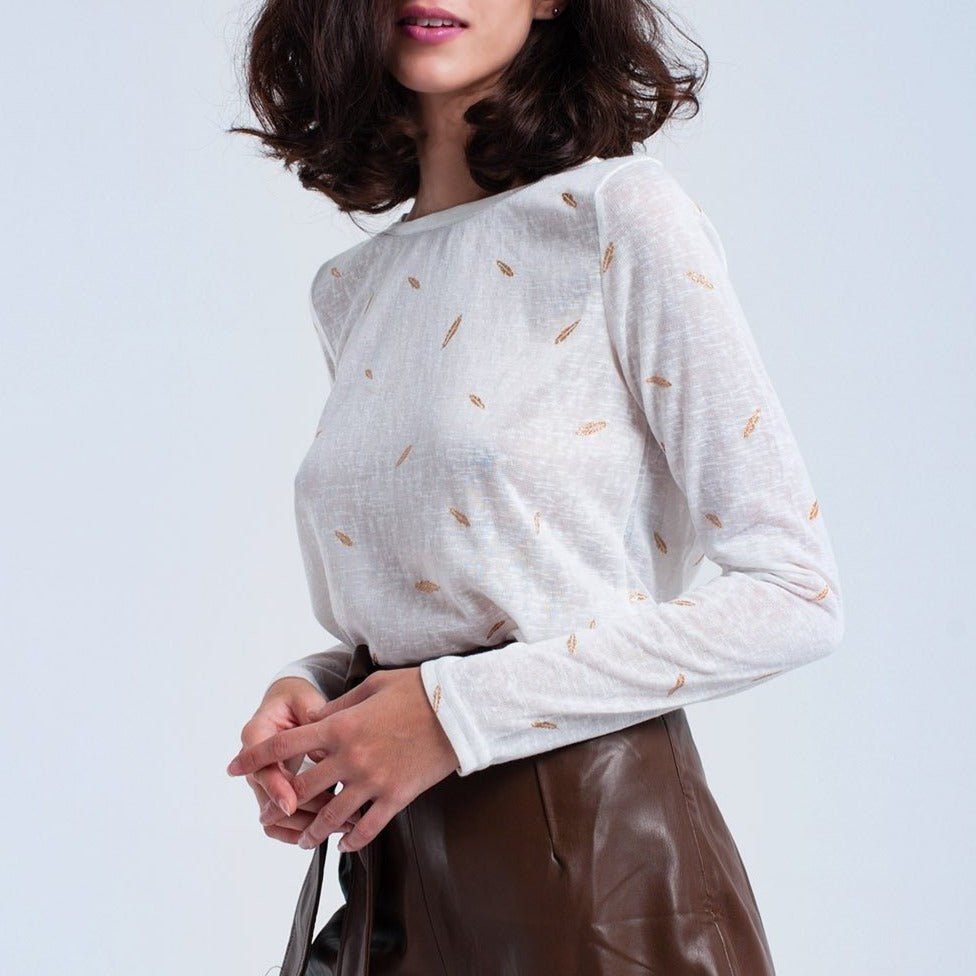 Cream Sweater with Printed Detail