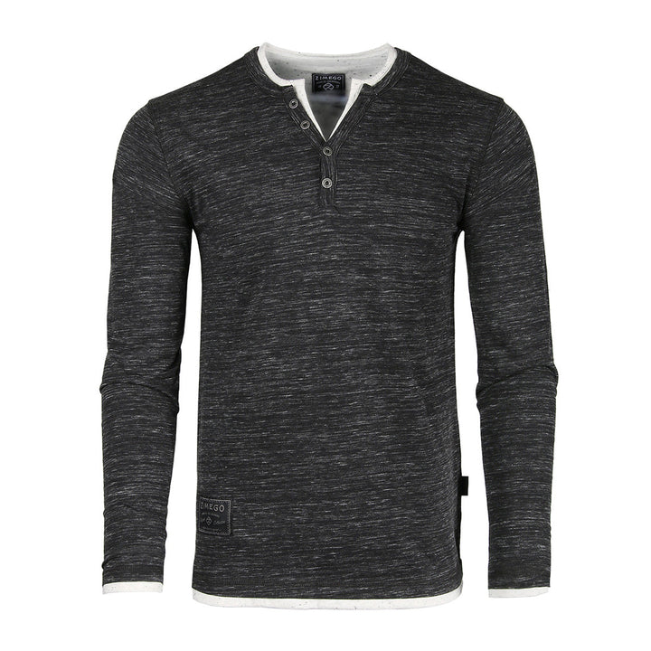 Charcoal Long Sleeve Double Layered Y-Neck Fashion Henley