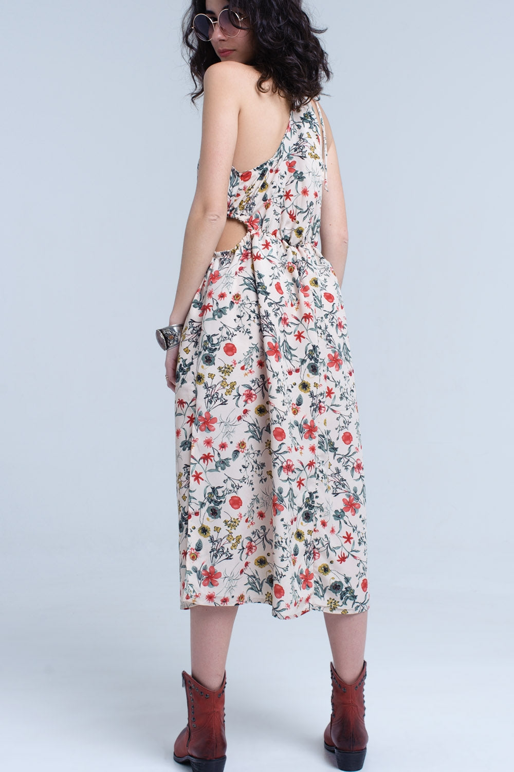 Beige Floral High Neck Cut Out Midi Dress