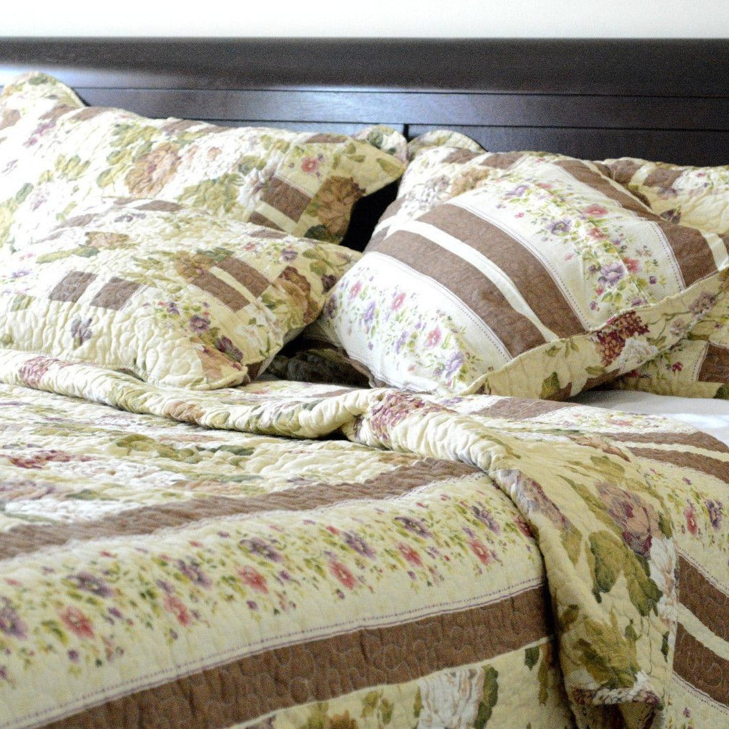 Dusty Roses Garden Floral Patchwork Cotton Quilted Bedspread Set