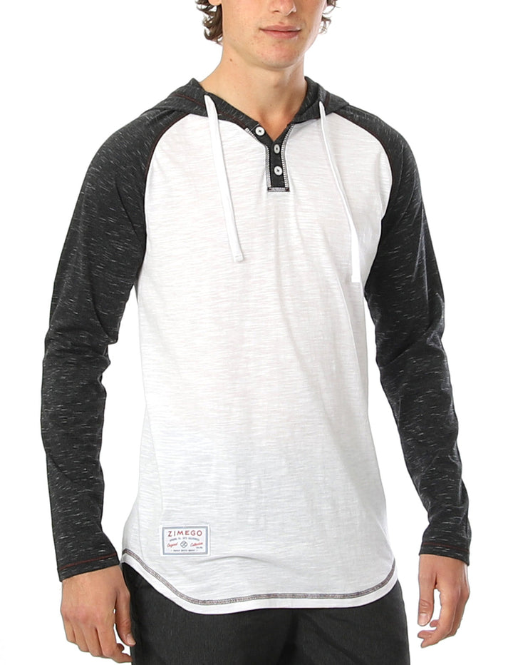 Long Sleeve Raglan Henley Round Bottom Hood T-Shirt White/Black