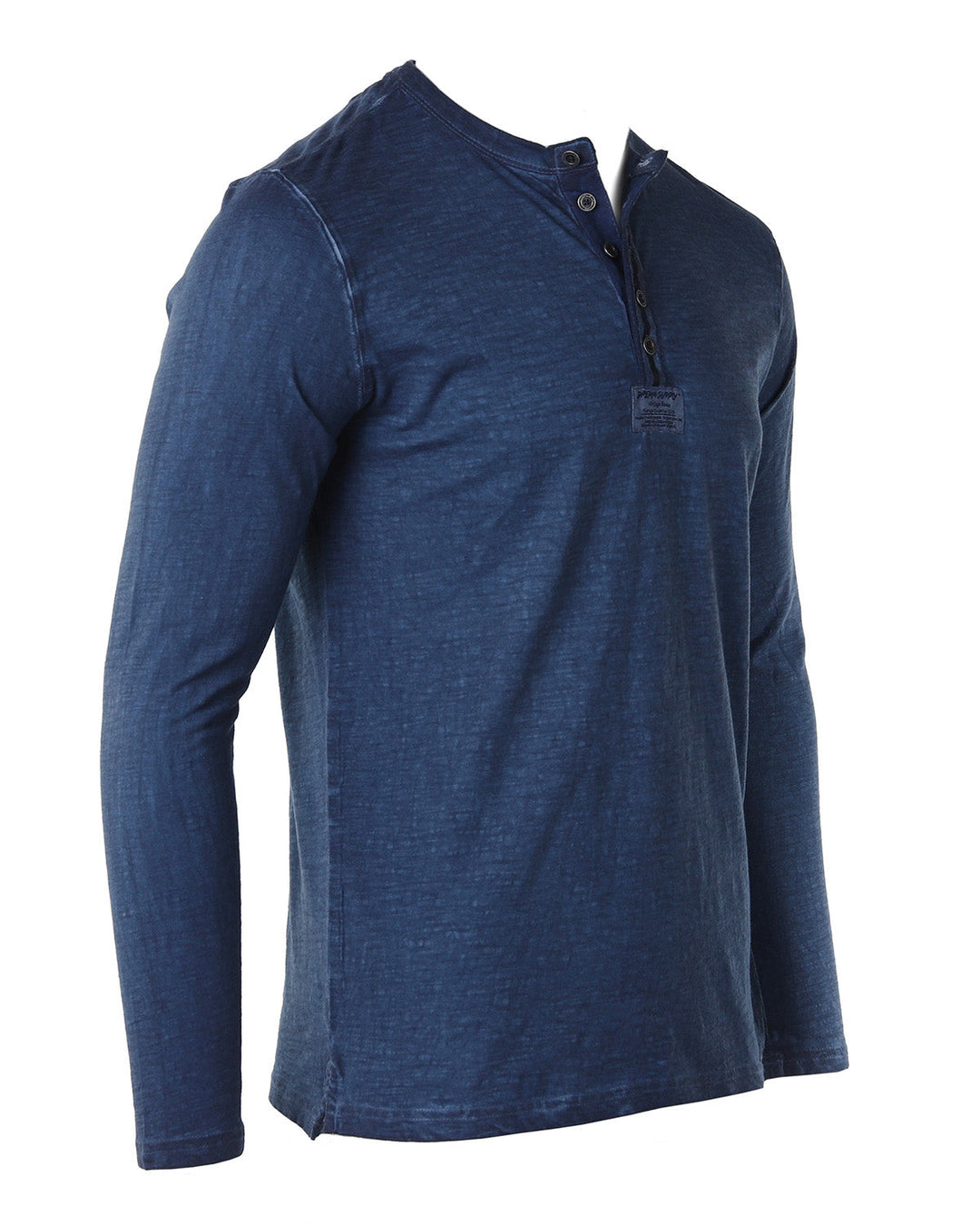 Navy Long Sleeve Crew Neck Oil Wash Vintage Button Henley T-Shirt