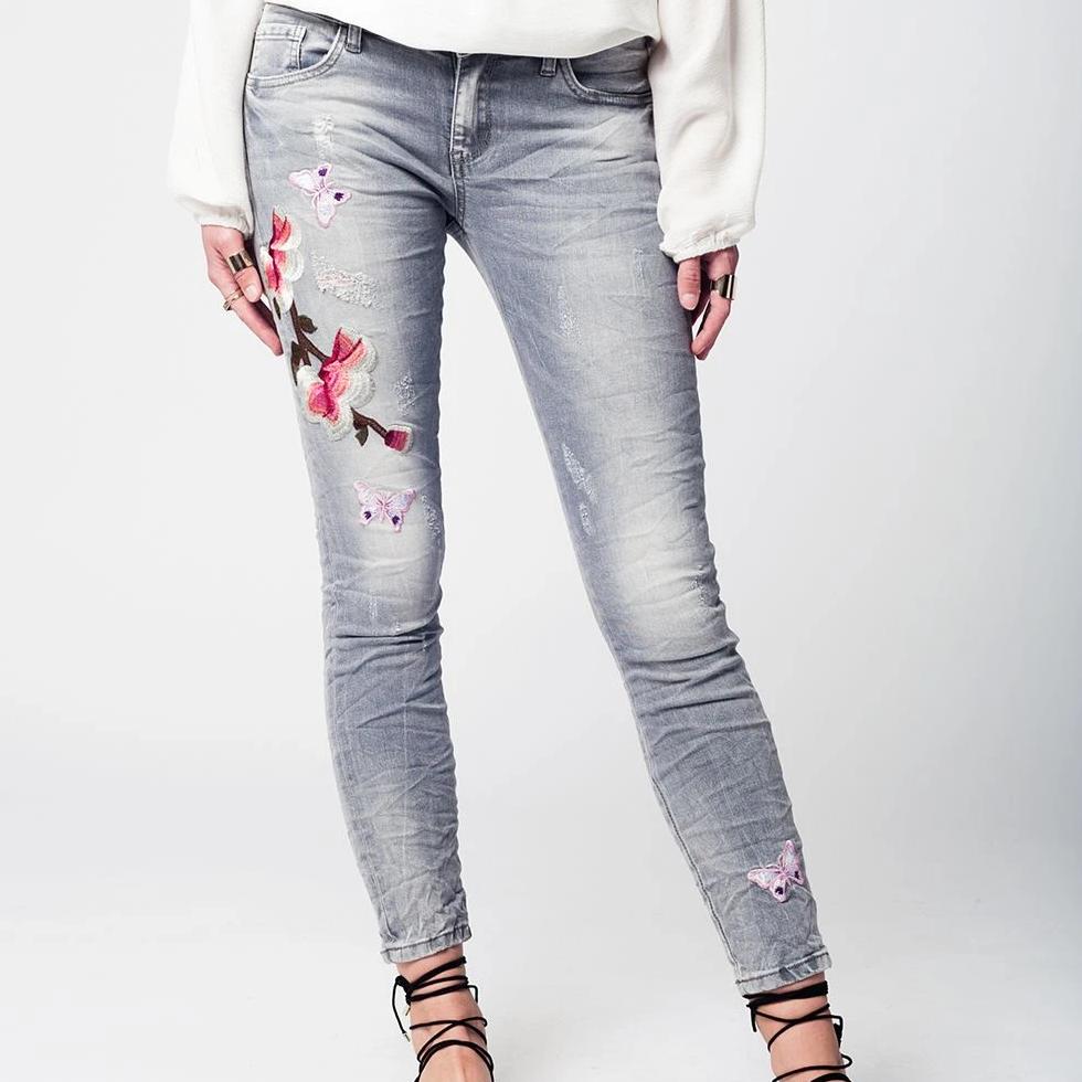 Gray Slim Denim Embroidered Jeans