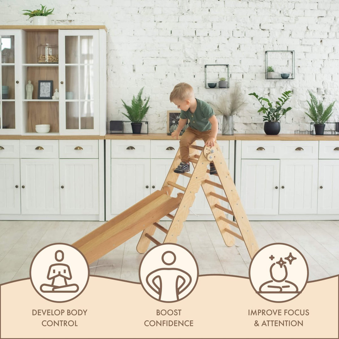 2-in-1 Montessori Climbing Set: Triangle Ladder + Slide Board/Ramp | Beige