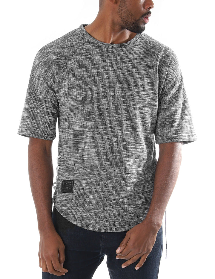 Zimego Men's Wide Shoulder Short Sleeve Laced Up Round Bottom T-Shirt