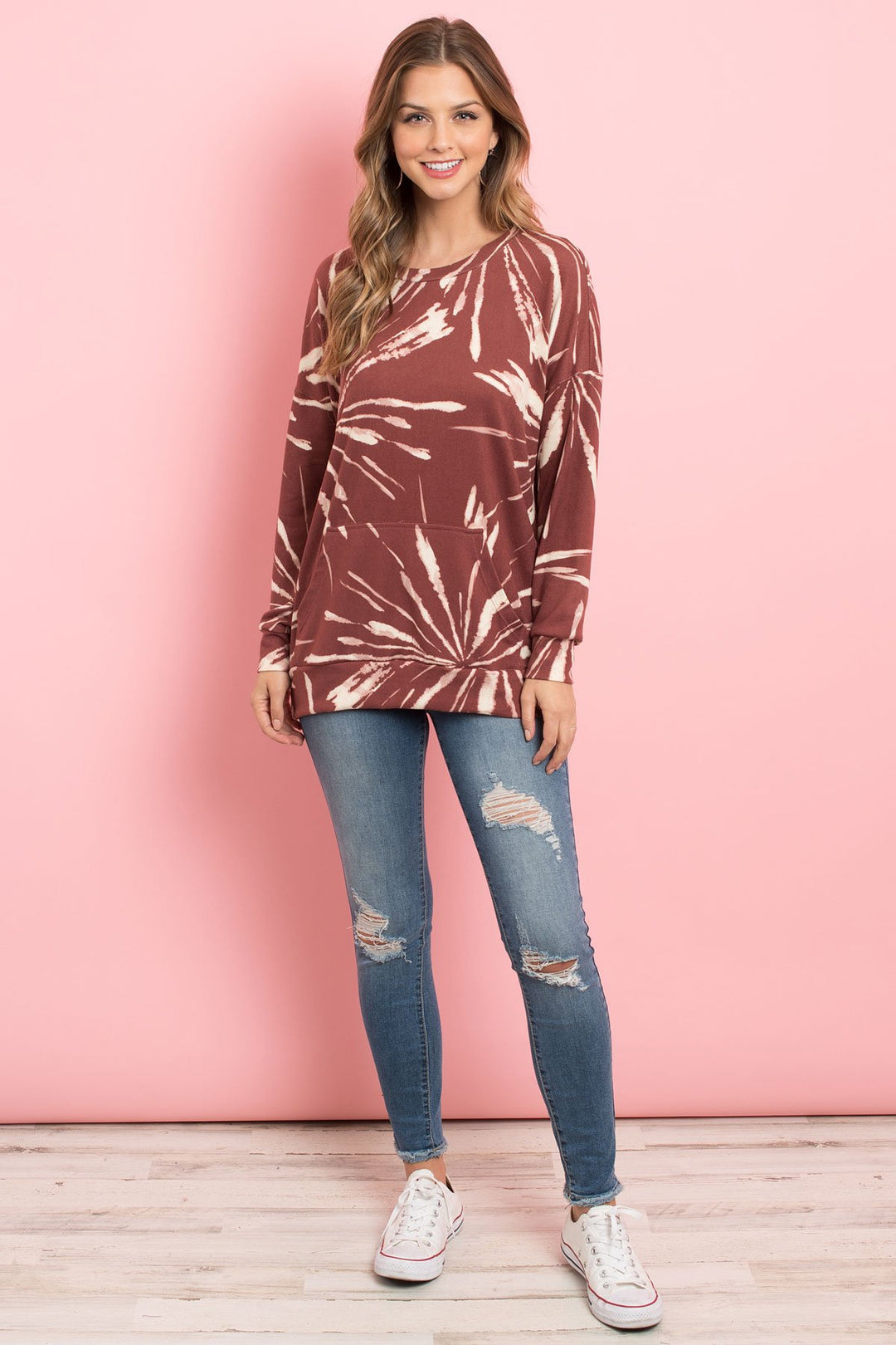 Kangaroo Pocket Tie Dye Long Sleeve Top