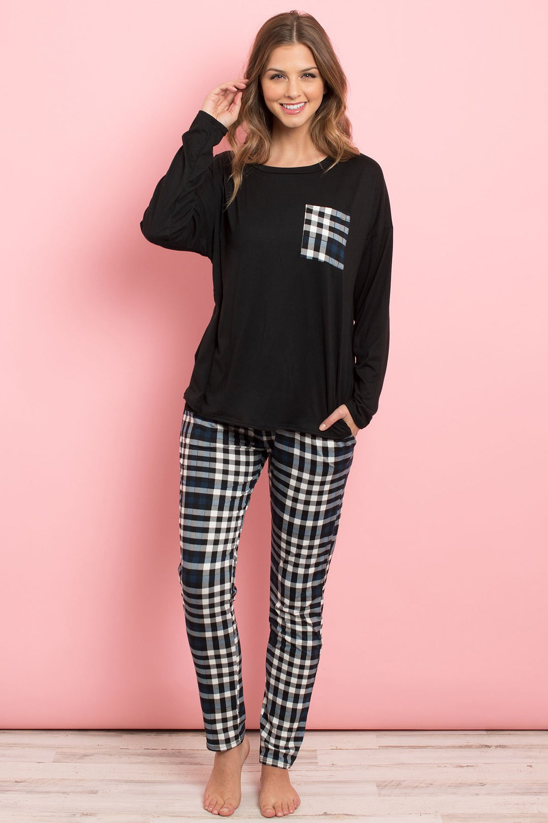 Solid Top Plaid Pocket and Joggers Set with Self Tie