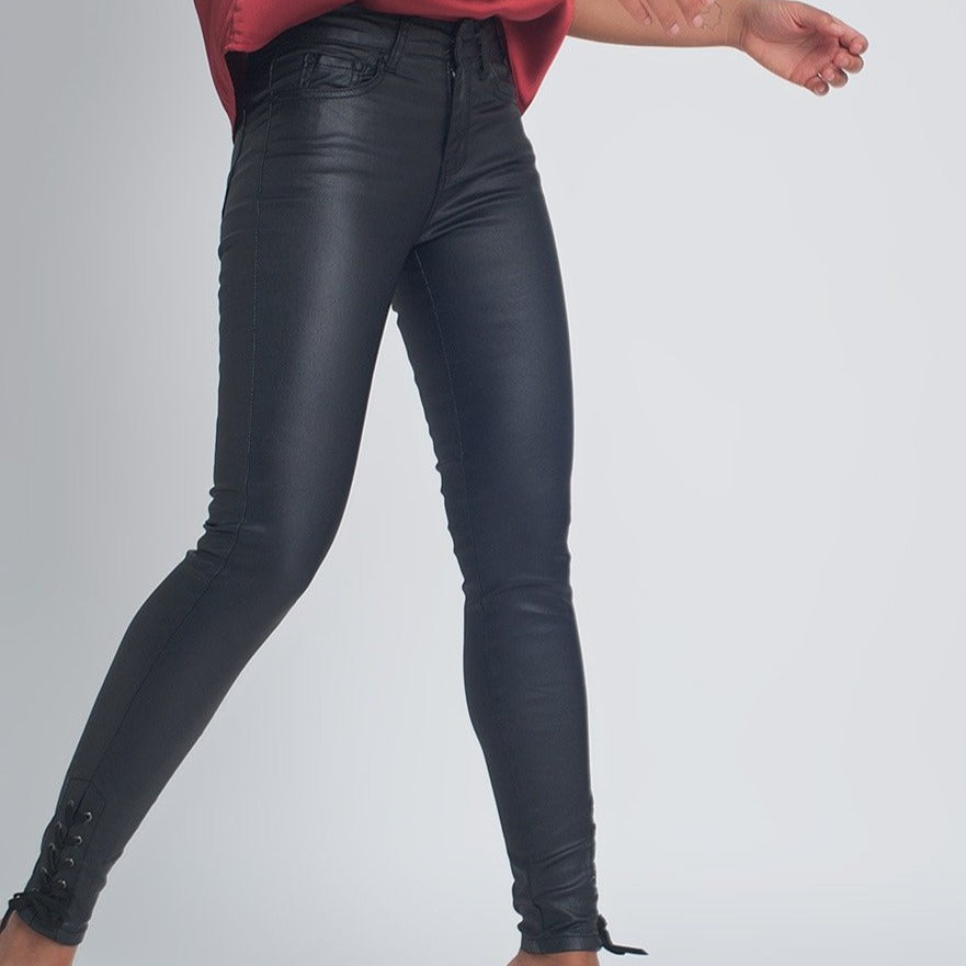 Black Leather Effect Trousers with Hem Lace-Up