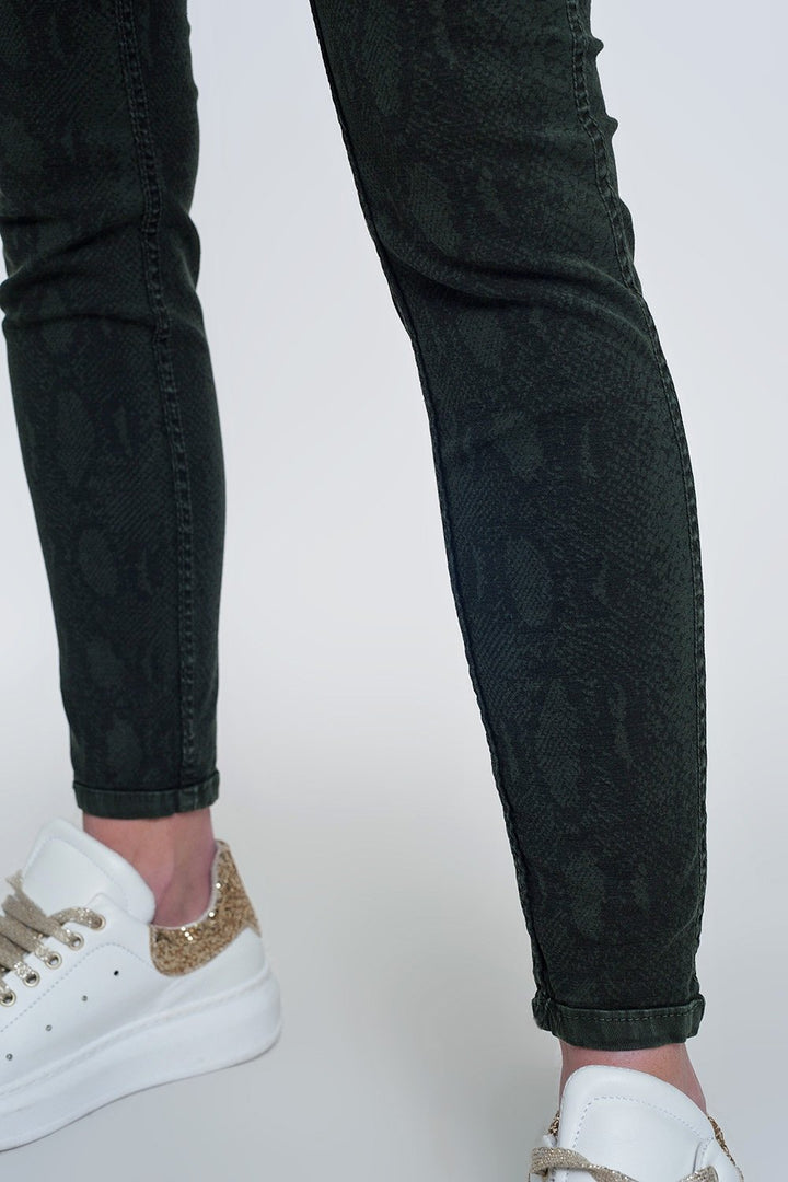 Khaki Super Skinny Reversible Pants with Snake Print