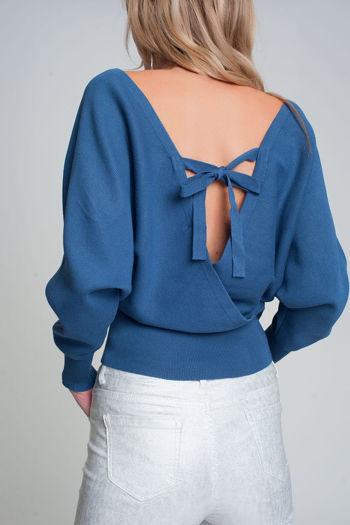 Knitted Sweater with Wrapped V-Neck in Blue