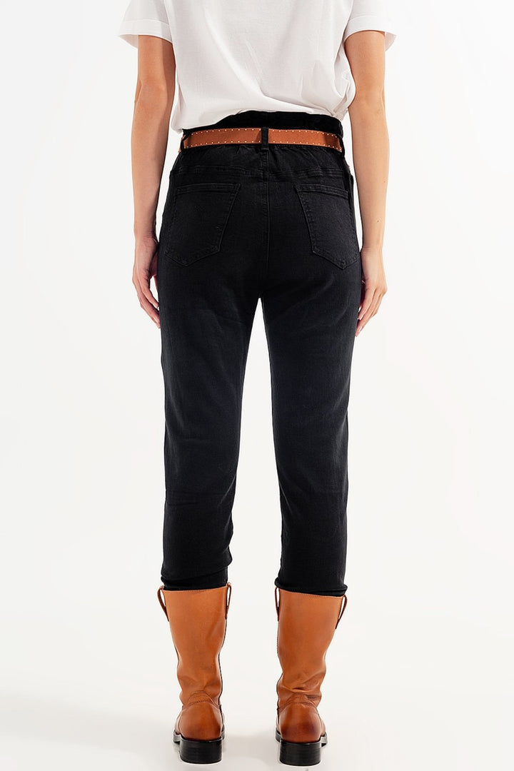 Stretch Paperbag Waist Straigh Jeans in Black