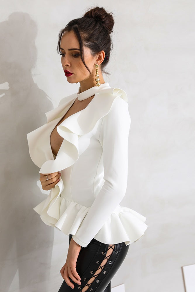 White Plunge Blouse Top