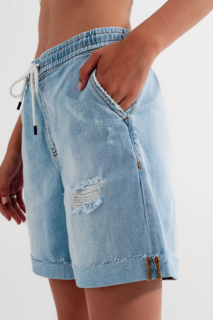 Denim Shorts with Elastic Waist in Wash Blue