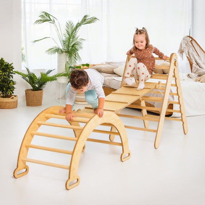 3-in-1 Montessori Climbing Set: Triangle Ladder + Wooden Arch + Slide Board