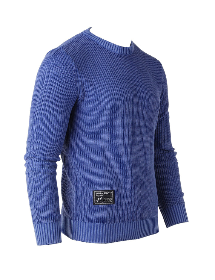 Blue Long Sleeve Stone Washed Vintage Crewneck Pullover Sweater