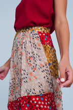 Red Floral Meadow Bias Cut Midi Skirt