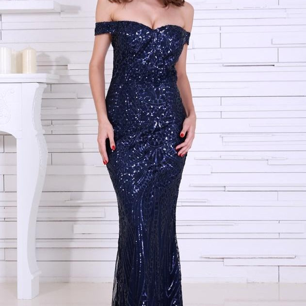 Navy Blue Sequin Cocktail Gown