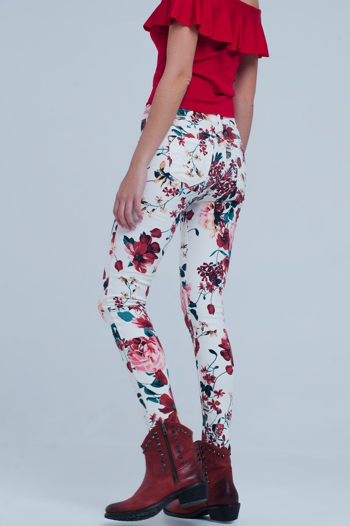 White Jeans with Roses Print