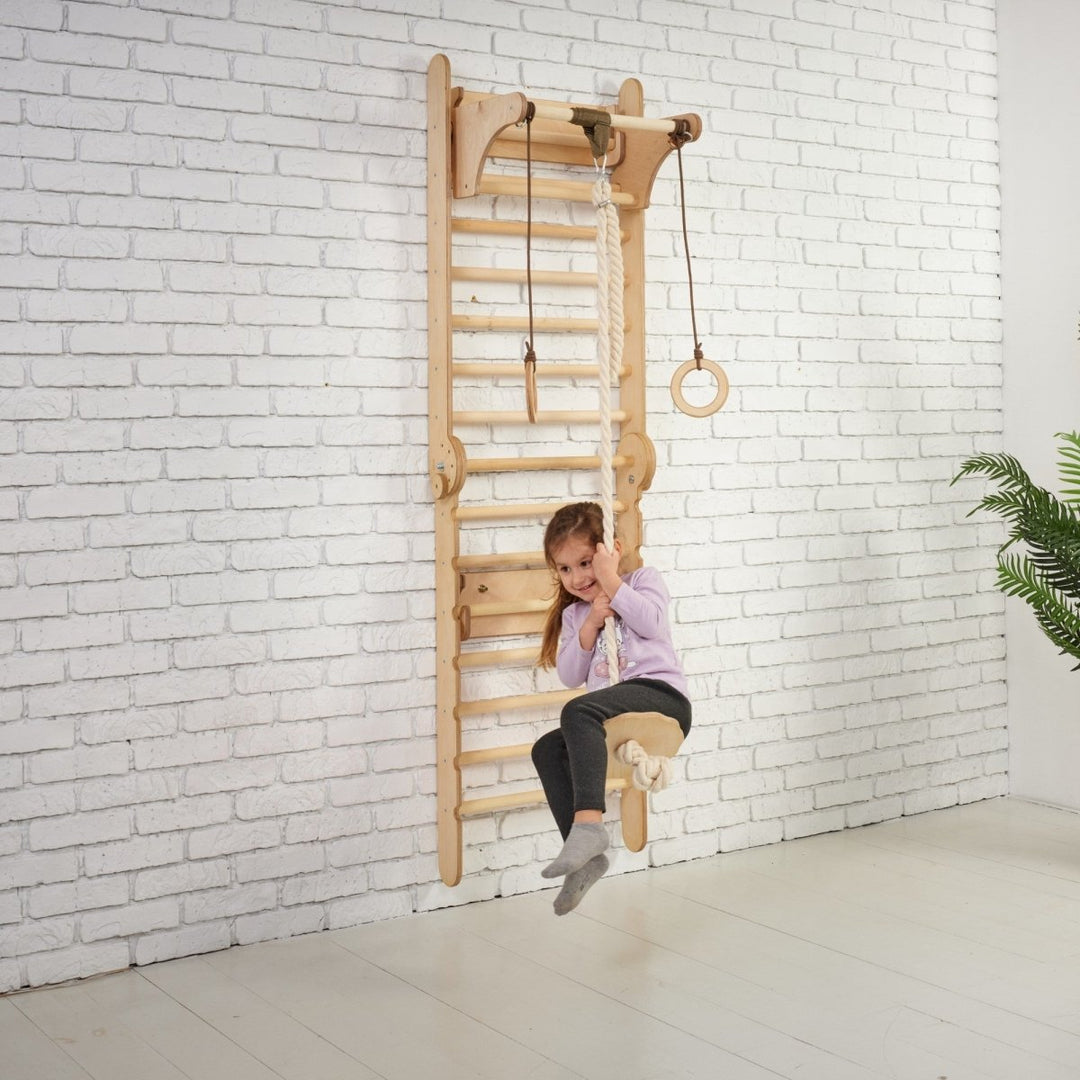 Wooden Swedish Wall Climbing Ladder for Children + Swing Set