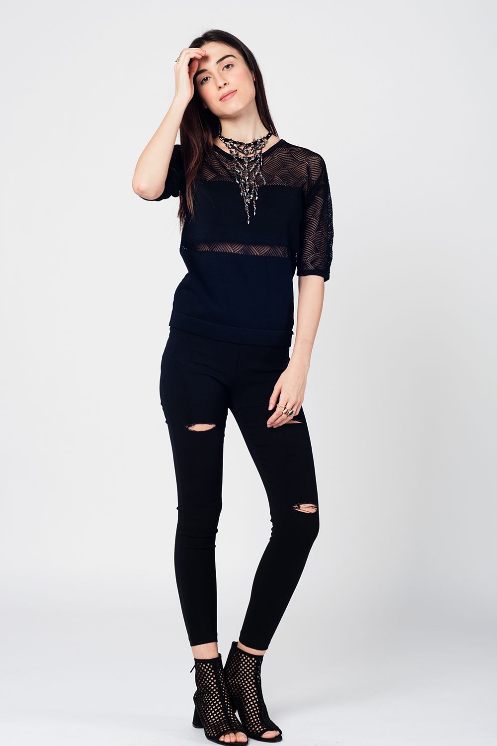 Black Knitted Top with Lace Contrast Detail