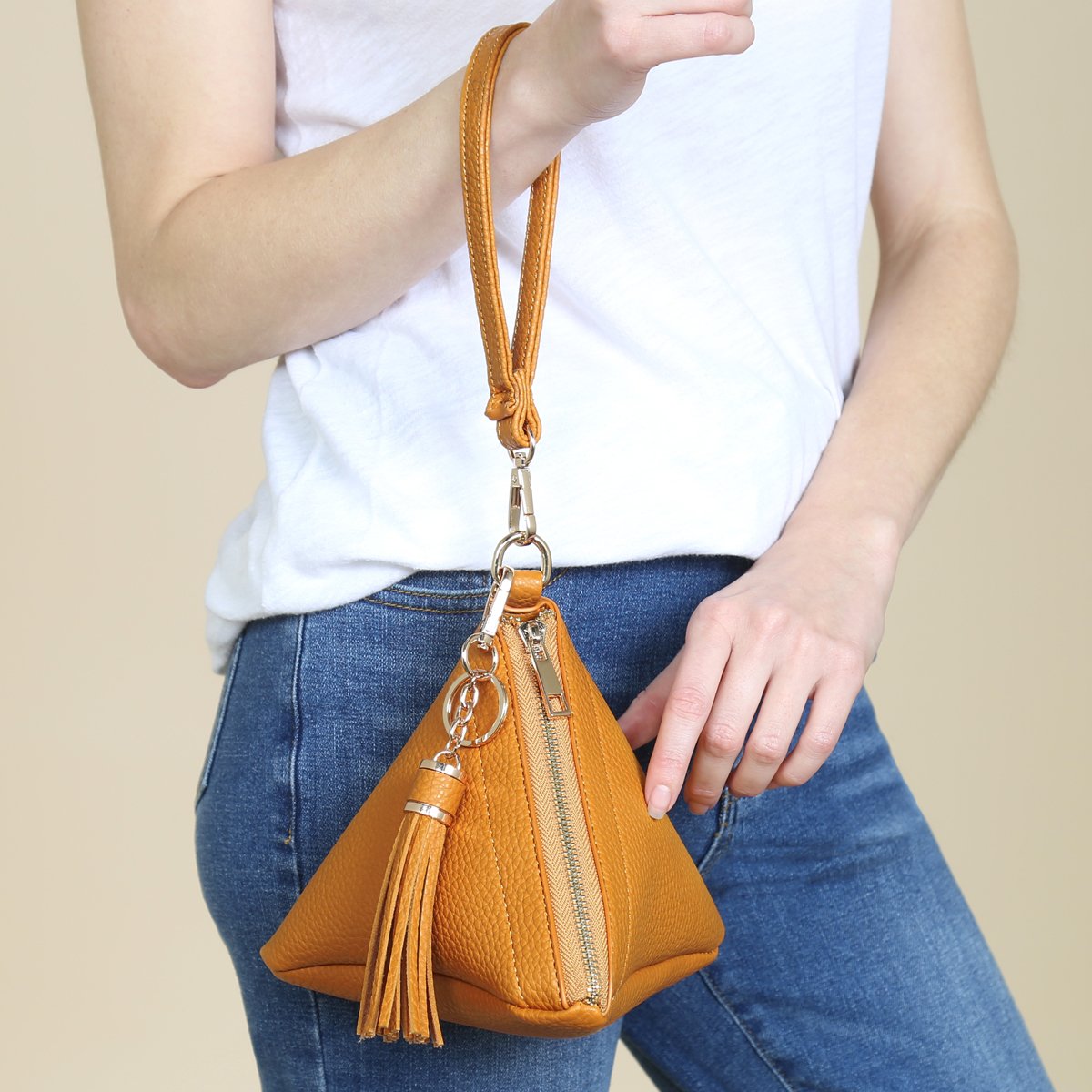 Pyramid Shape Tassel Wristlet Leather Bag