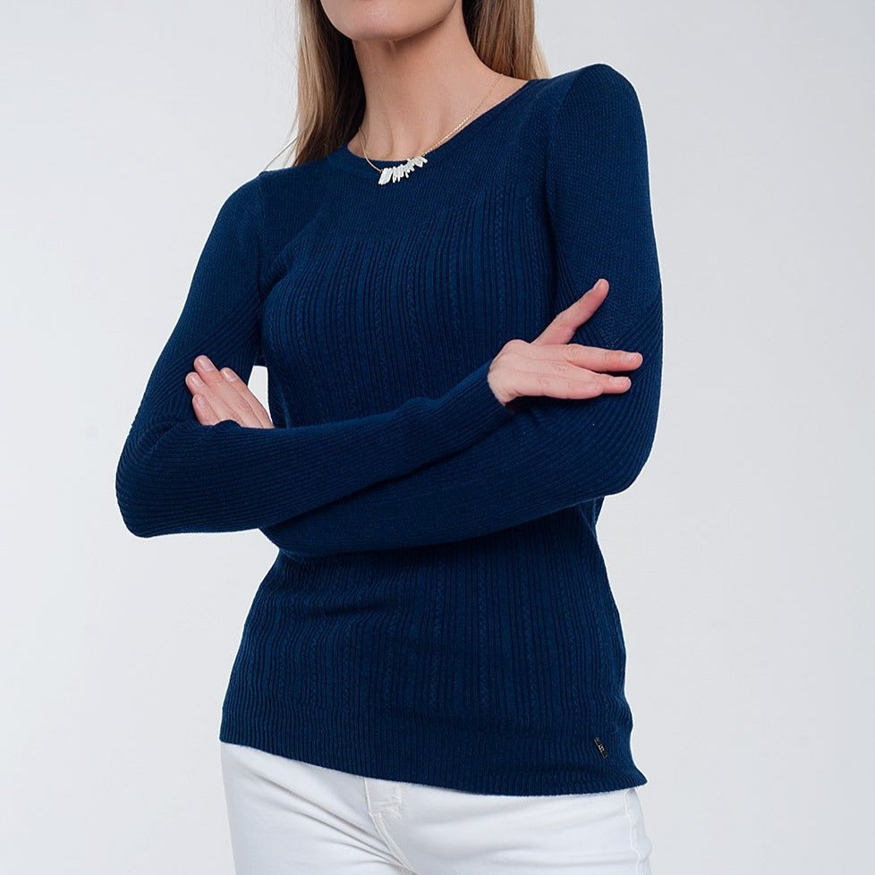 Crew Neck Ribbed Sweater in Navy