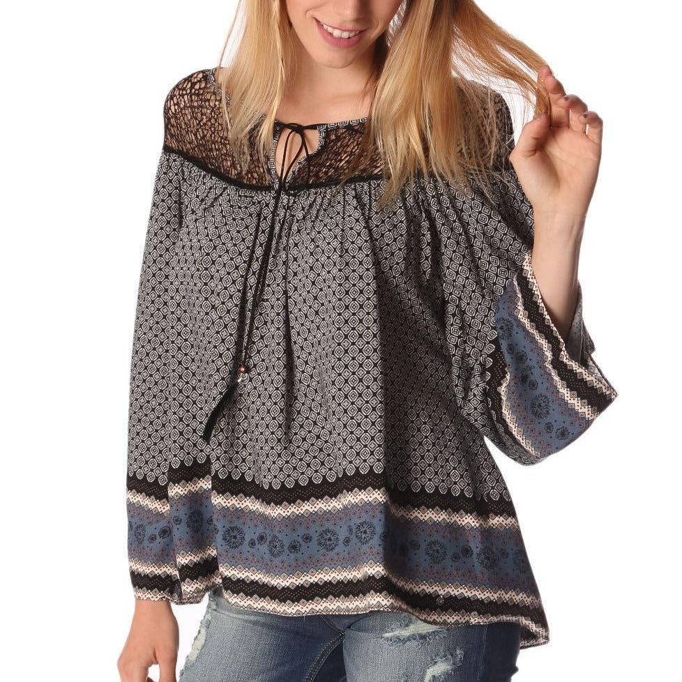 Gray Paisley Print Blouse with Cage Detail