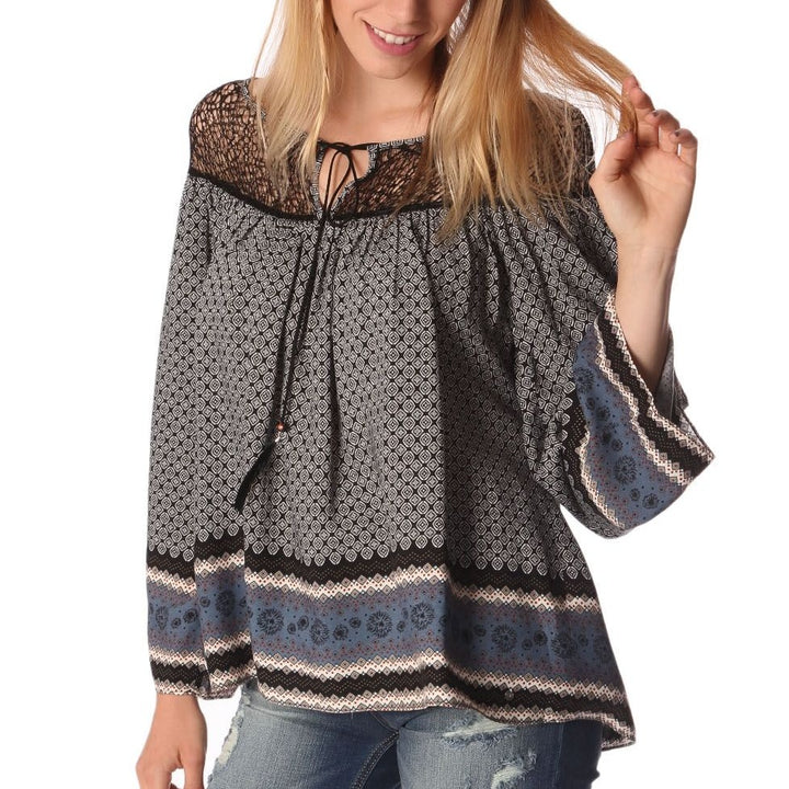 Gray Paisley Print Blouse with Cage Detail