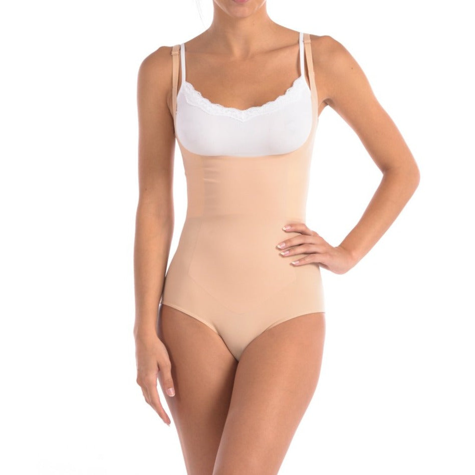 Wear Your Own Bra Bodysuit Shaper with Targeted Double Front Panel Nude