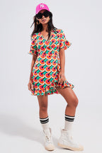 Wrap Ruffle Hem Mini Dress in 70s Orange Print