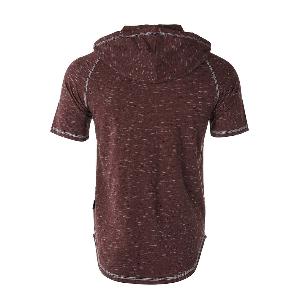 Maroon Short Sleeve Raglan Henley Hoodie Round Bottom Semi Longline T-Shirt