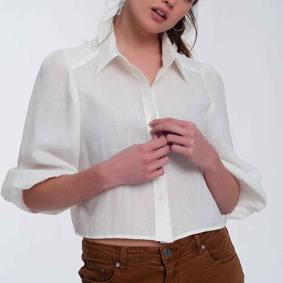 Cropped Blouse Shirt with Puff Sleeve in Cream