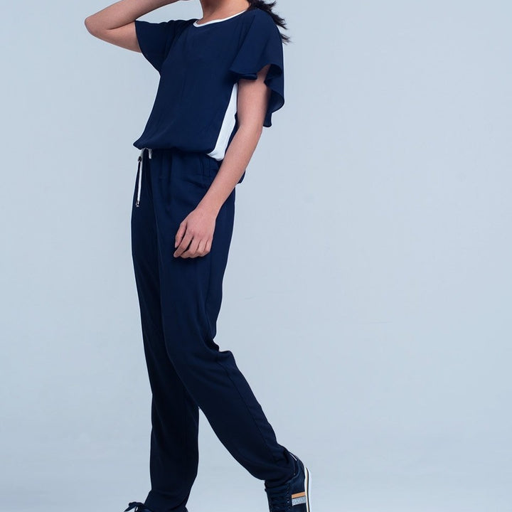 Navy Blue Jumpsuit with Short Sleeve and Ruffle Detail