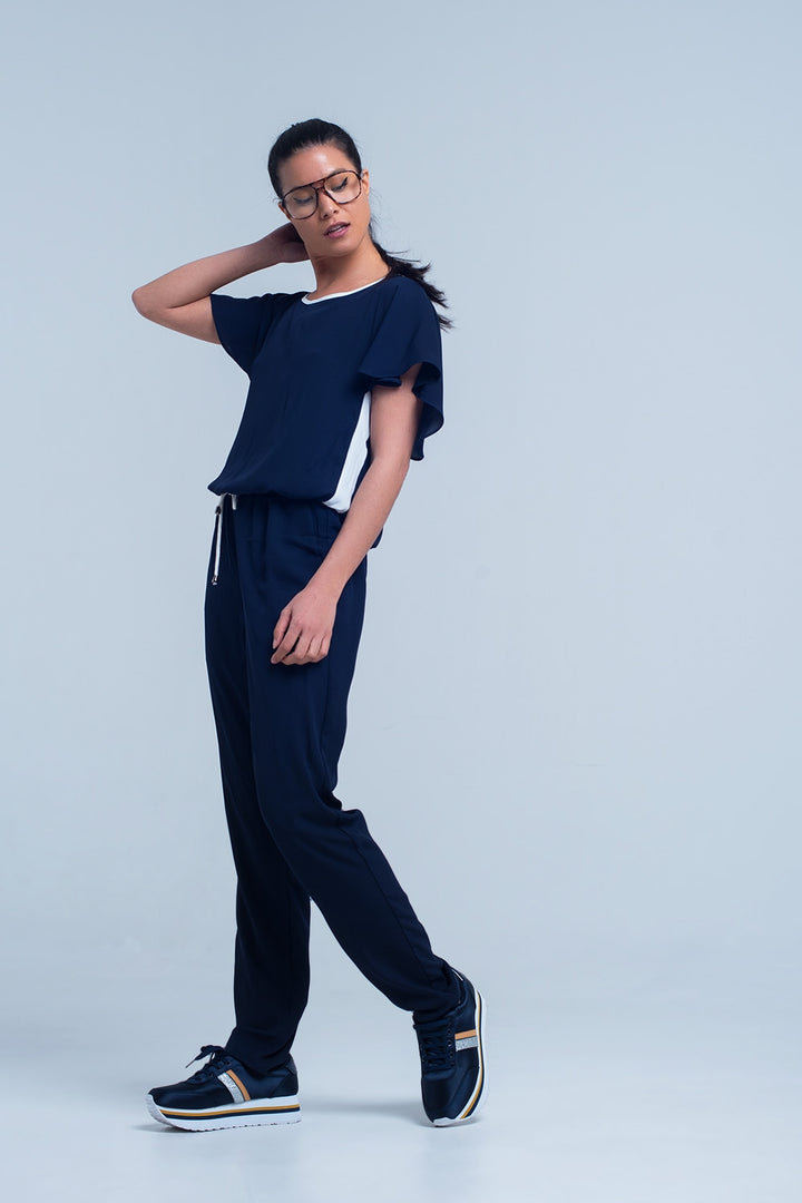 Navy Blue Jumpsuit with Short Sleeve and Ruffle Detail