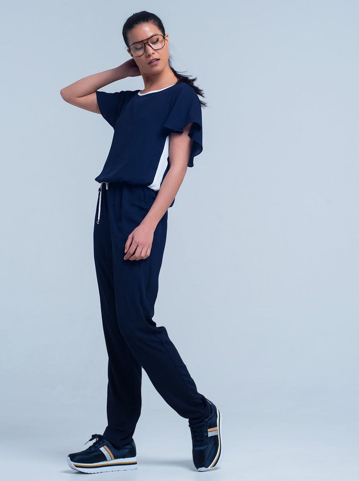 Navy Blue Jumpsuit with Short Sleeve and Ruffle Detail