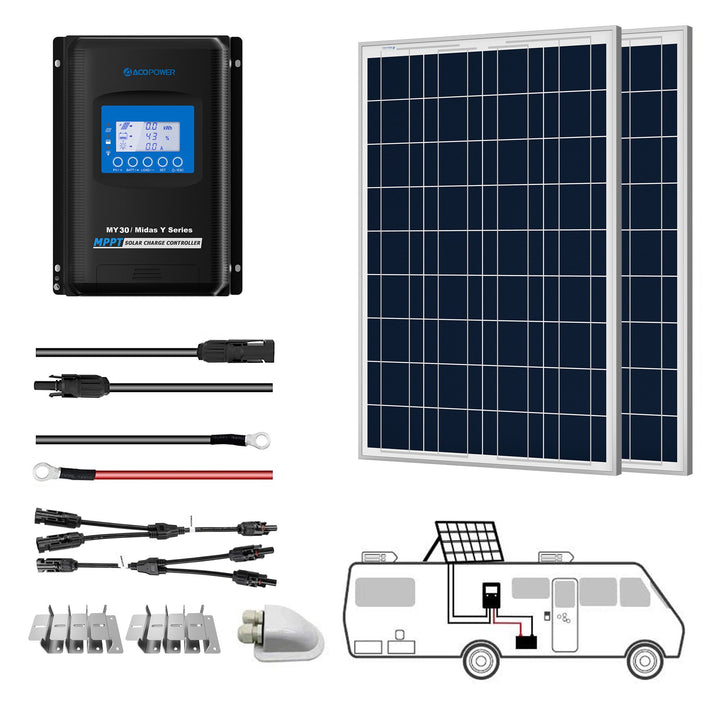 ACOPOWER 200W 12V  Poly Solar RV Kits, 30A MPPT Charge Controller