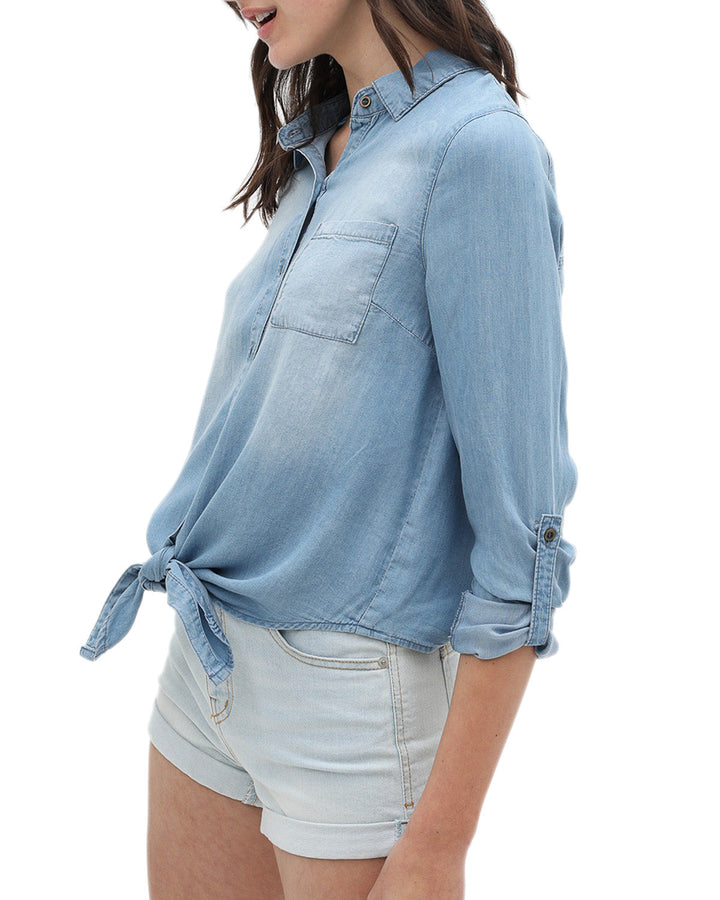 Roll Up Sleeve Crop Top Tie Front Chambray Denim Shirt