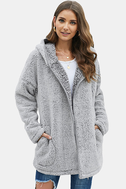 Hooded Teddy Coat in Light Gray