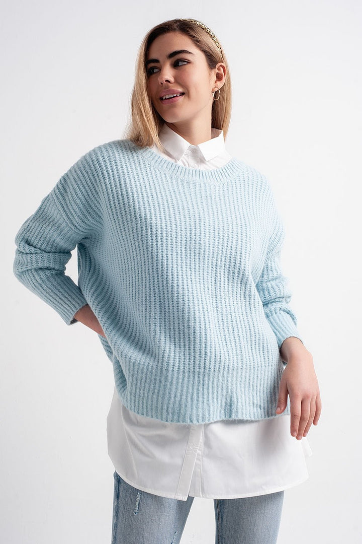 Turquoise Round Neck Boyfriend Sweater