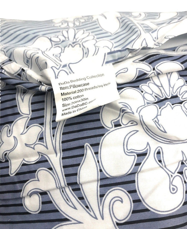 Navy Blue Floral Striped Fitted Sheet & Pillow Cases Set Twin