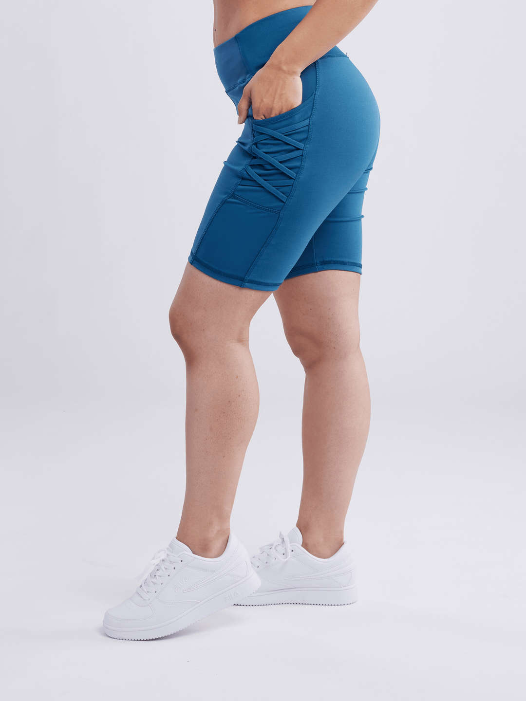 High-Waisted Workout Shorts with Pockets with Criss Cross Design