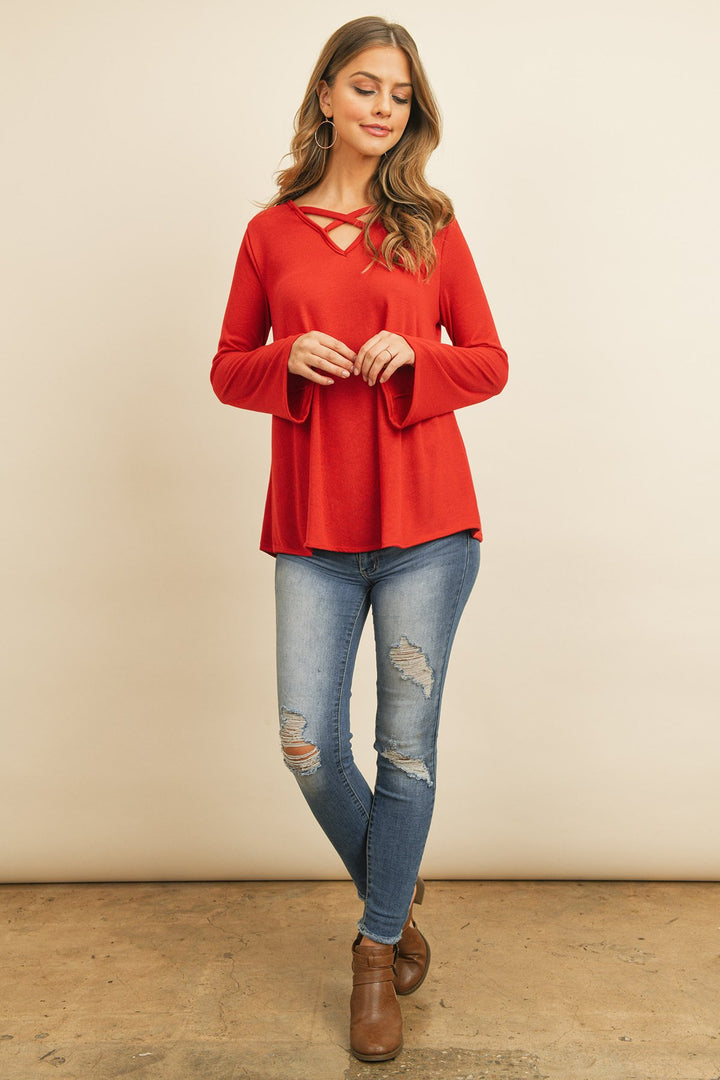 Criss Cross Neck Long Sleeve Hacci Top