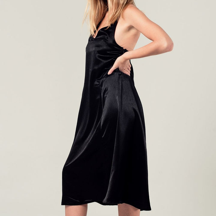 Satin Midi Dress with Back Detail in Black