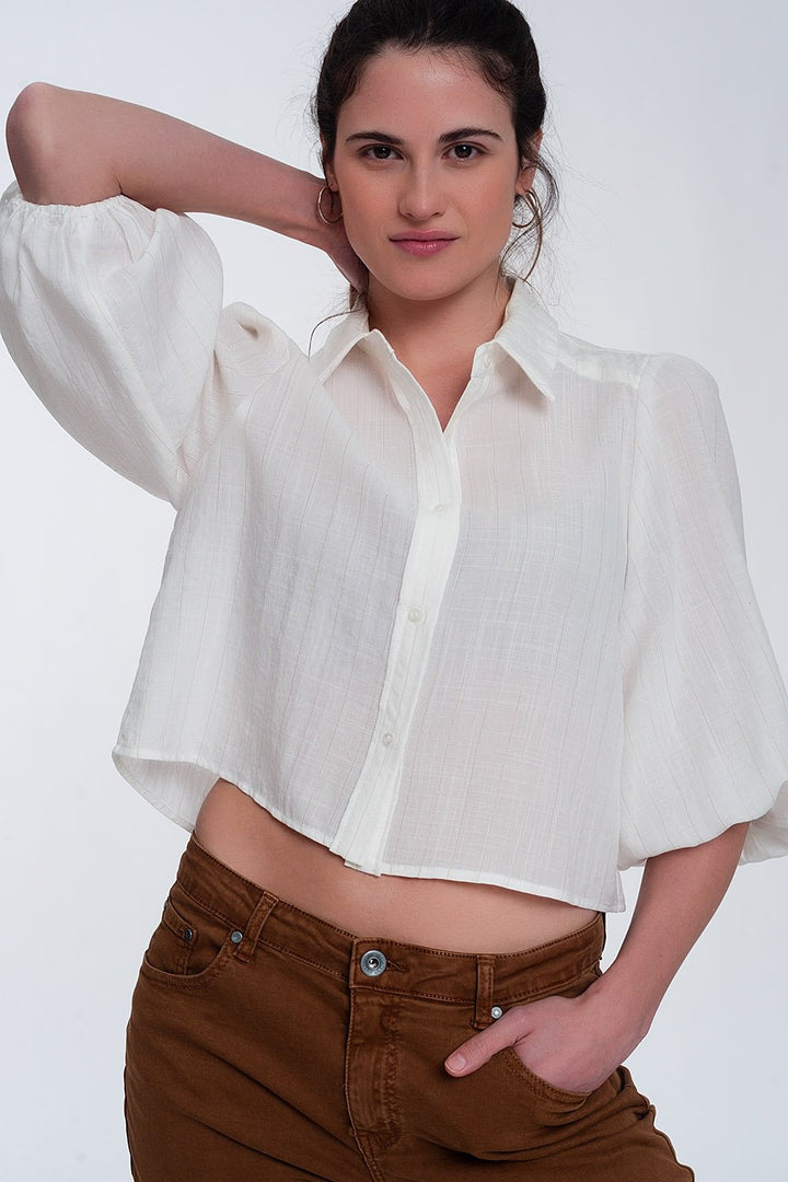 Cropped Blouse Shirt with Puff Sleeve in Cream