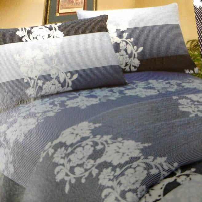 Navy Blue Floral Striped Fitted Sheet & Pillow Cases Set Twin